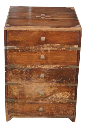 Antique English Campaign Anglo Indian Teak Brass Inlay Military Chest of Drawers