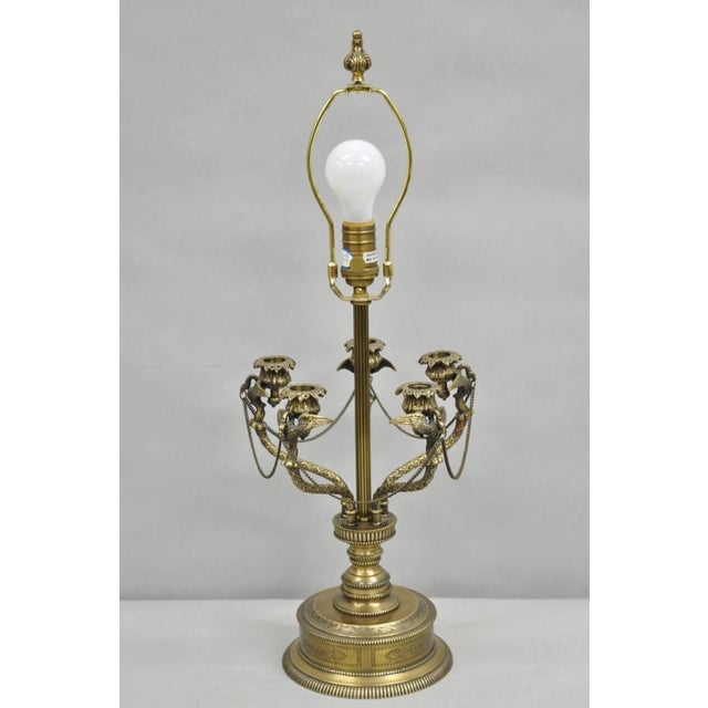 Vintage French Regency Style Brass Swans Candelabra Table Lamps - A Pair For Sale - Image 11 of 12