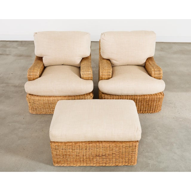 Contemporary Pair of Ralph Lauren Wicker Lounge Chairs and Ottoman For Sale - Image 3 of 18