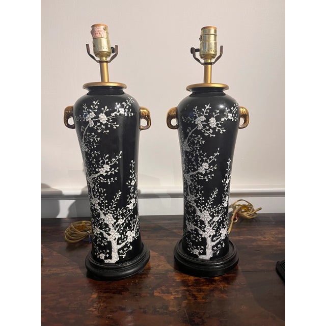 1970s 1970s Chinoiserie Black and White Cherry Blossom Tall Lamps With Gold Elephant Head Rings - A Pair For Sale - Image 5 of 11