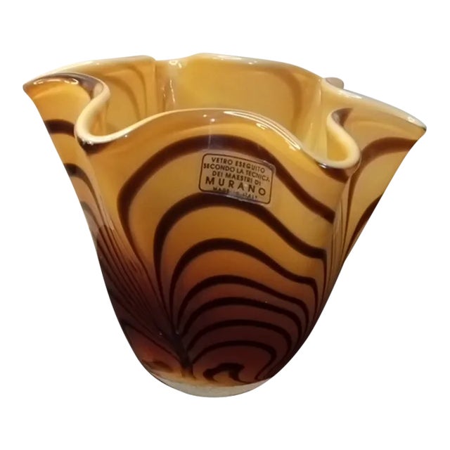 1980s Striped Murano Art Glass Italy Ruffled Handkerchief Vase For Sale