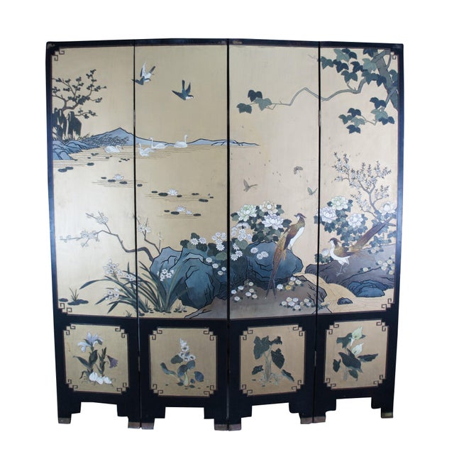 Chinoiserie Vintage Chinese Black Lacquer 4 Panel Hand Painted Folding Screen Room Divider For Sale - Image 3 of 18