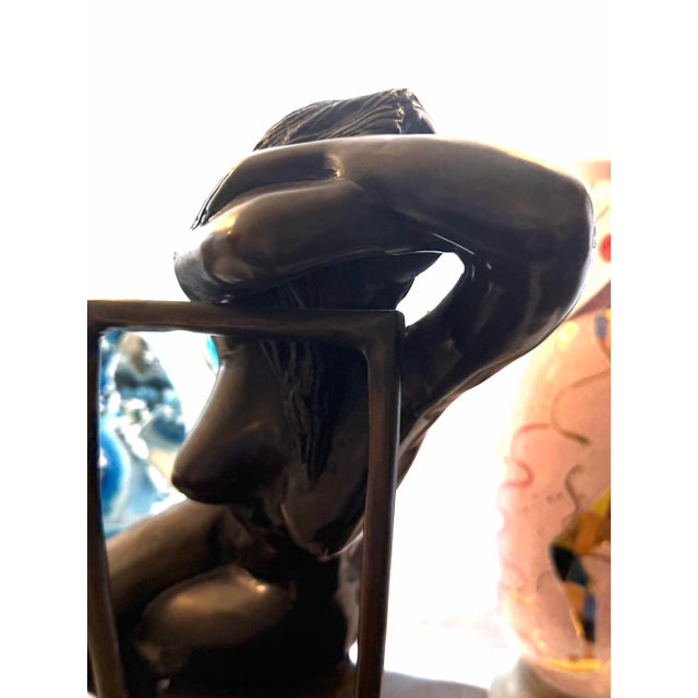 Figurative Artist Executed Bronze Female Sculpture Resting on Chair Stone Base For Sale - Image 3 of 6