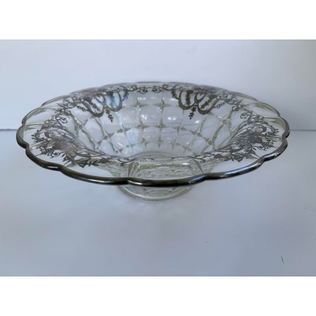 Glass Mid-Century Silver Overlay Pressed Glass Centerpiece Bowl With Scalloped Rim For Sale - Image 7 of 11