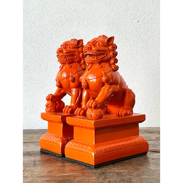 Vintage Lacquered Orange Foo Dogs - A Pair For Sale - Image 4 of 12