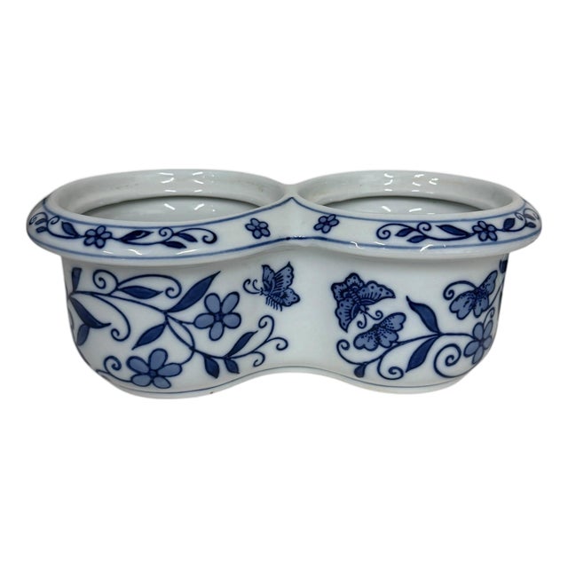 Vintage 1990s Blue and White Double Planter For Sale