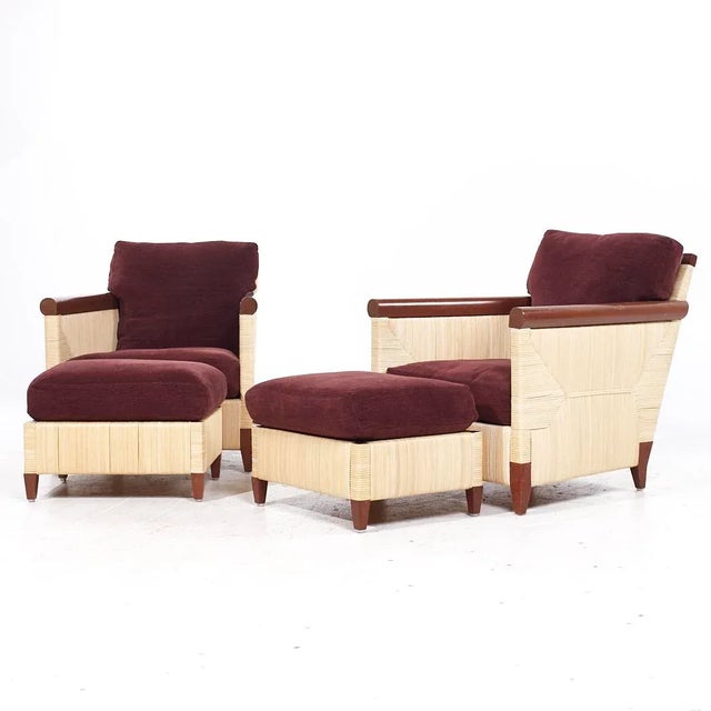 Mid-Century Modern John Hutton for Donghia Merbau Collection Mahogany and Rattan Club Chairs With Ottomans - Pair For Sale - Image 3 of 12