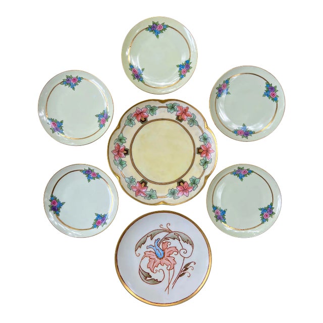 Mismatched Set of Gilt Floral Art Nouveau and Deco Plates Including Kpm of Berlin- a Set of 7 For Sale