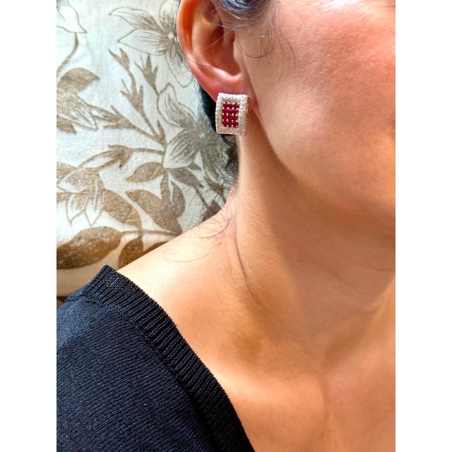 Estate 3 Ct Ruby & 3 Ct Diamonds Square Post Earrings 18 Karat Yellow Gold 13.5G For Sale - Image 14 of 18