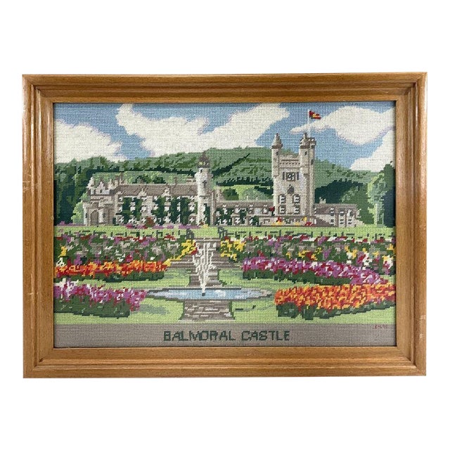 Vintage Balmoral Castle Needlepoint Embroidery, Framed Scottish Landscape Art For Sale