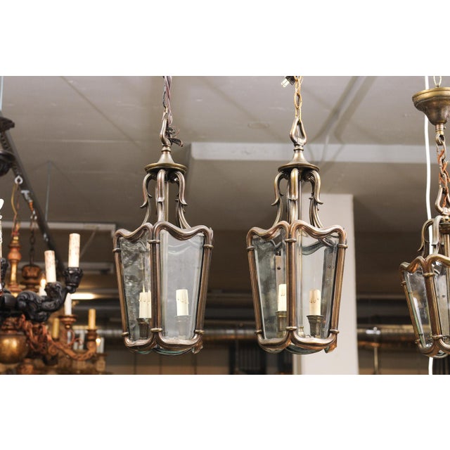 Metal 1940s Patinated Bronze Lanterns With Beveled Glass, France - a Pair For Sale - Image 7 of 12