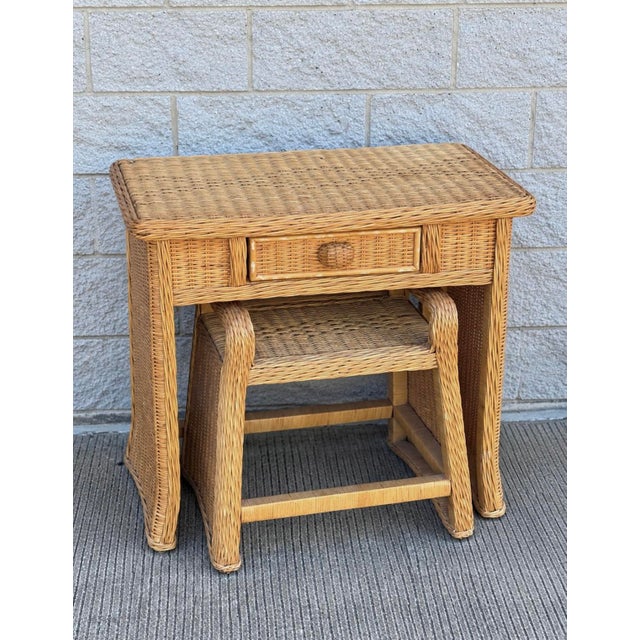 Mid 20th Century Vintage Wicker Vanity Set With Arched Mirror and Matching Stool For Sale - Image 5 of 12