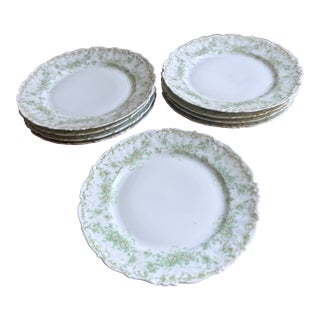 Late 19th Century Elite Works Limoges France Porcelain Salad Plates (9) Green Floral Garland Scalloped Edge For Sale