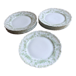 Late 19th Century Elite Works Limoges France Porcelain Salad Plates (9) Green Floral Garland Scalloped Edge