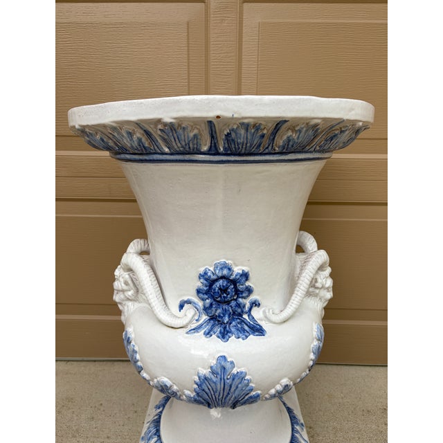 Blue Monumental Blue & White Majolica Grecian Urn With Jupiter Ammon Motifs For Sale - Image 8 of 17