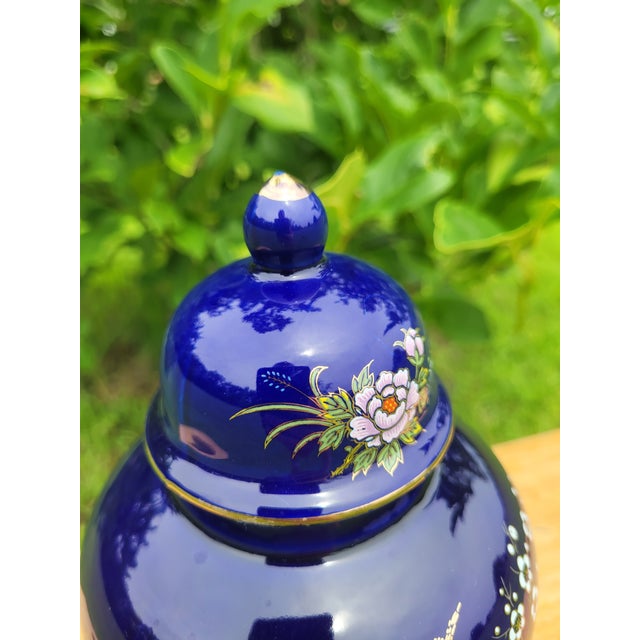 Japanese Late 20th Century Japanese Cobalt Blue Peacock & Peony Ginger Jar For Sale - Image 3 of 7