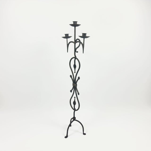 Hand Forged Wrought Iron Floor Candelabra 44.5″ (113cm) Antique Gold Patina 3-Arm Scroll Design Candle Holder Classic Fireplace Decor For Sale - Image 6 of 6