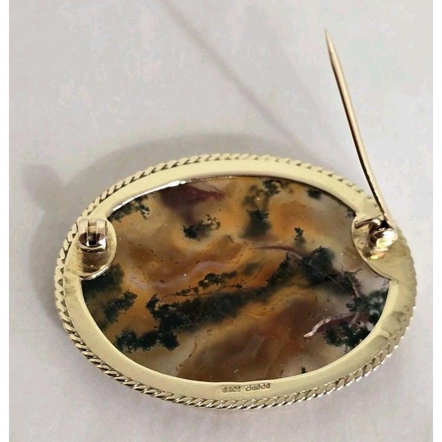 Vintage 9ct Yellow Gold Moss Agate Brooch, Sheffield, 1989 For Sale - Image 9 of 18