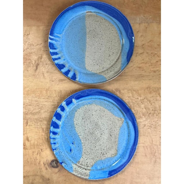Ceramic Vintage Blue Abstract Pottery Plates - A Pair For Sale - Image 7 of 12