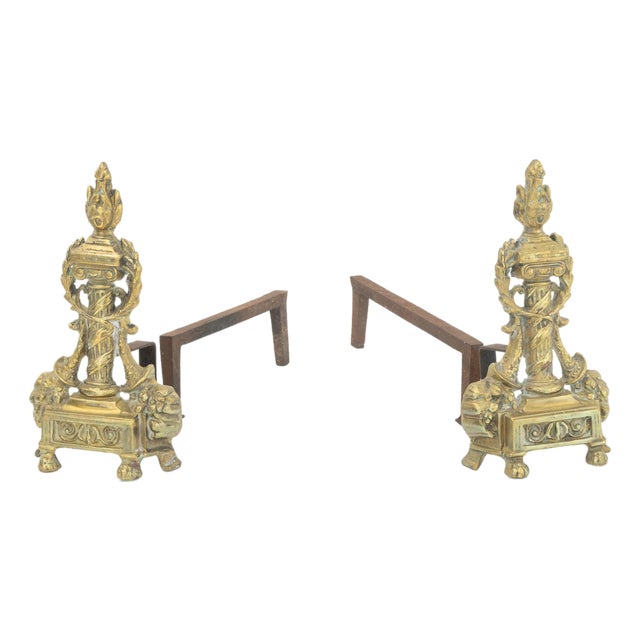 French Empire Style Brass Chenets, Pair For Sale