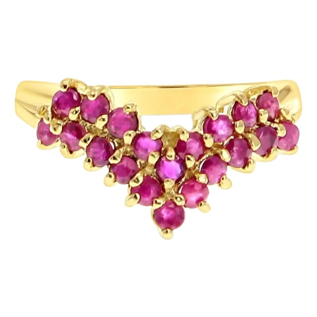 Ruby Cluster V Shaped Ring 14k Yellow Gold, Size 8 For Sale