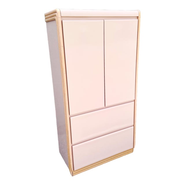 Postmodern Pink Gloss Laminate and Faux Bamboo Armoire For Sale