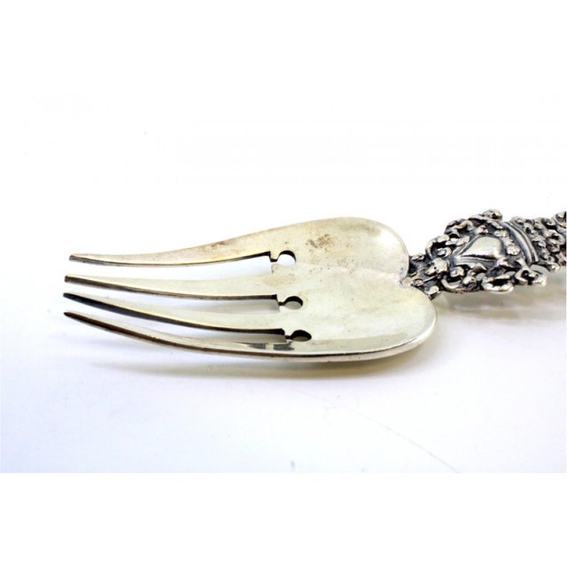 Decorative Silver Fork with Reliefs, Cut-Outs, Caravel and Angels Monogram Card For Sale - Image 6 of 10