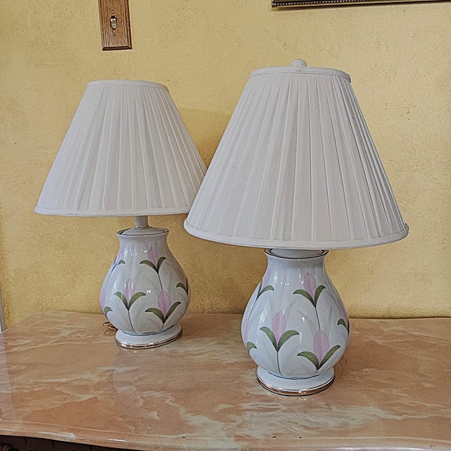 Vintage Floral Ceramic Table Lamps Pair W/ Gold Trim, Hand Painted, Pleated Shades, Hollywood Regency Cottage Decor For Sale - Image 10 of 18