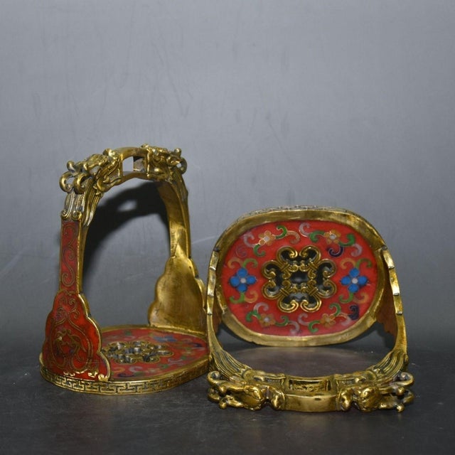 Late 19th Century Pair of Antique Cloisonné Enamel Stirrups With Dragon Motif, 1.95kg For Sale - Image 5 of 9