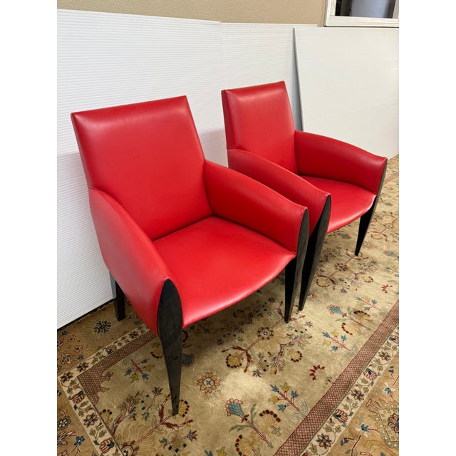 Design Plus Gallery presents a Pair of Ke-Zu Armchairs by Dakota Jackson. The chairs have mahogany frames wrapped in True...