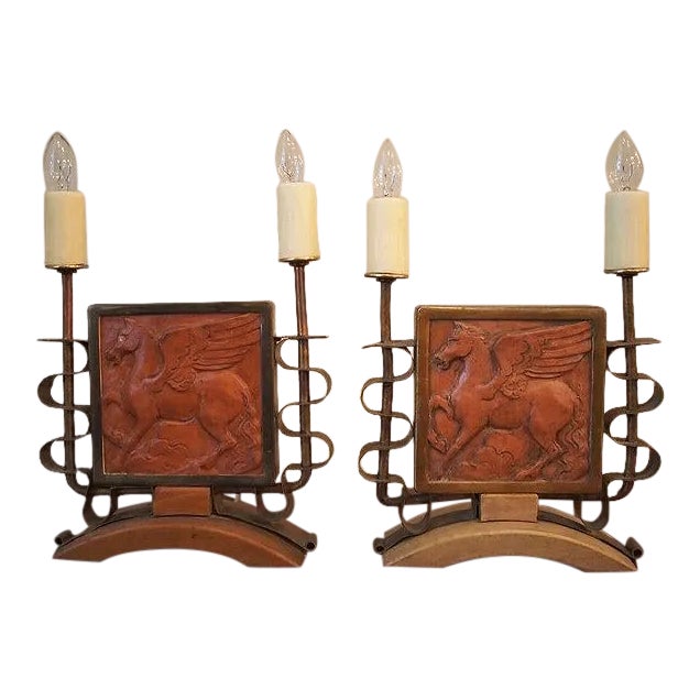 Early 20th Century French Art Deco Tile Mounted Lamps - a Pair For Sale