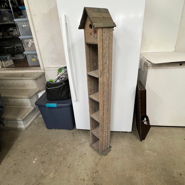 Rustic standing farmhouse, French country birdhouse.with five shelves. Measures 6” square x 53” h.