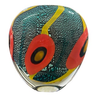 Allain Guillot French Studio Art Glass Vase, Turquoise Foil With Red Murrine and Yellow Bands, Signed m.06-50 For Sale