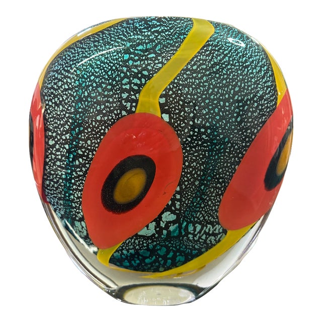 Allain Guillot French Studio Art Glass Vase, Turquoise Foil With Red Murrine and Yellow Bands, Signed m.06-50 For Sale