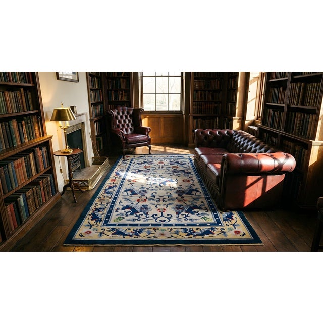 1930s Luxurious Silk Pile Antique Ivory Artistic Chinese Foo Dog Design Rug For Sale - Image 16 of 18