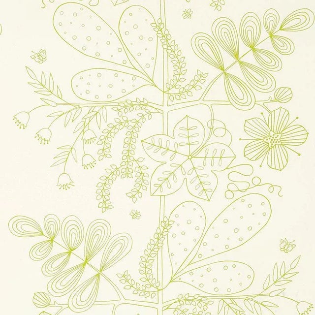 A stylized botanical pattern, Blommen's tendrils, bluebells, and palm-style fronds recall midcentury Scandinavian designs....