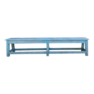 Large Scale 19th Century French Primitive Wood Bench With Original Blue Paint For Sale