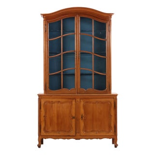 Two-Part French Provincial Cherry Cabinet Having Painted Blue Display Hutch, 19th C. For Sale