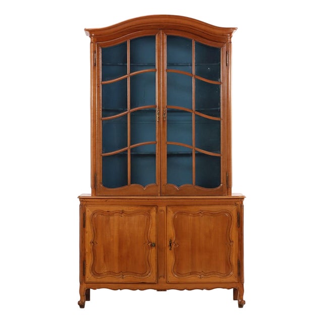 Two-Part French Provincial Cherry Cabinet Having Painted Blue Display Hutch, 19th C. For Sale