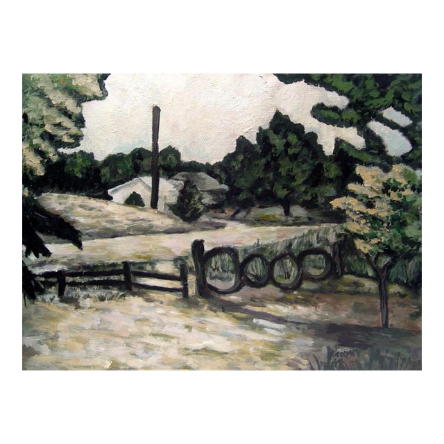 Vintage 1990s Impressionist Farmhouse Landscape With Gate Painting For Sale
