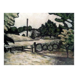 Vintage 1990s Impressionist Farmhouse Landscape With Gate Painting