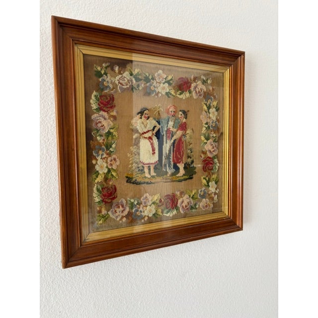 Antique Victorian Needlepoint “Jacob’s Coat” Scene in Mahogany & Gilt Frame For Sale - Image 9 of 9