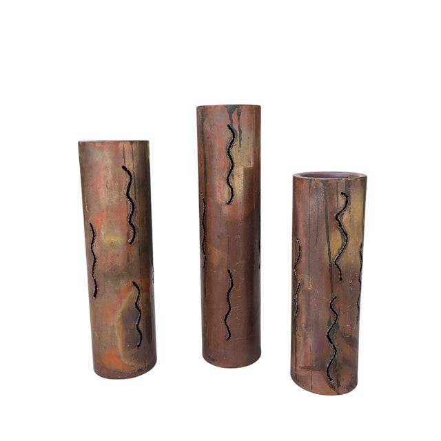 Mid Century Modern Brutalist Torched, Perforated Copper Metal Pillar Candle Holders Height in Order from Shortest to...