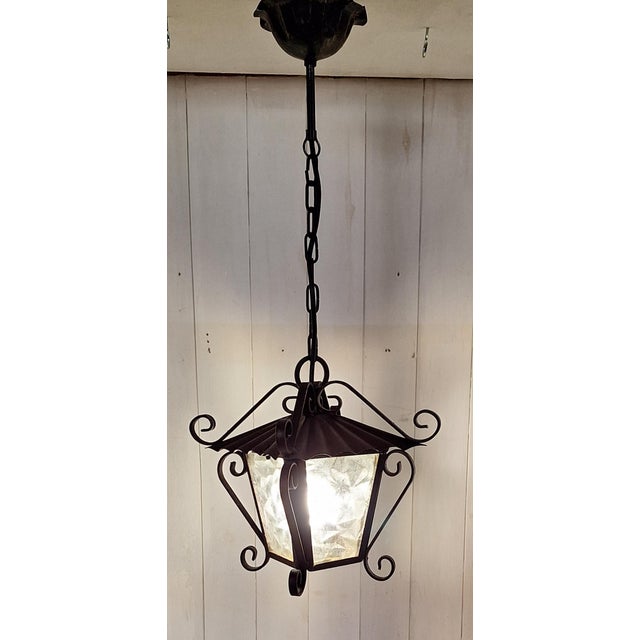 Black Vintage Rustic Lantern-Shaped Ceiling Lamp with Black Iron Frame and Clear Relief Glass Panes, 1970s For Sale - Image 8 of 8