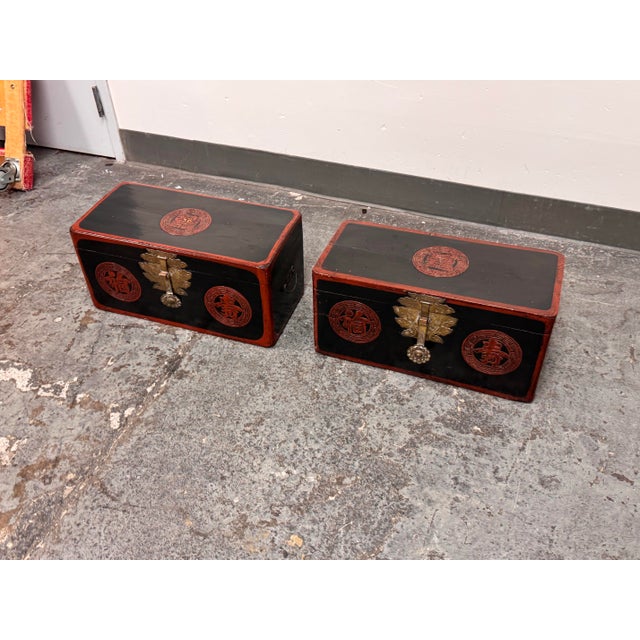 Red Korean Vintage Wedding Box/Dowry Chest, Pair For Sale - Image 8 of 12