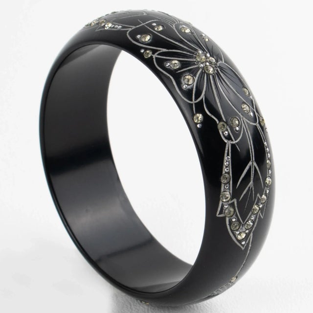 Art Deco Black Galalith Jeweled Bracelet Bangle With Carved Floral Design For Sale - Image 10 of 10