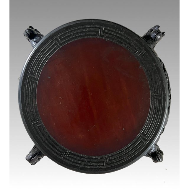 Wood Antique Japanese Iris Pedestal / Plant Stand, Ebonised Carved Black Wood Side Table For Sale - Image 7 of 16