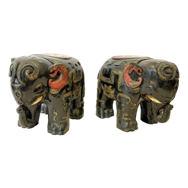 Vintage Solid Wood Painted African Elephant Stools- A Pair For Sale