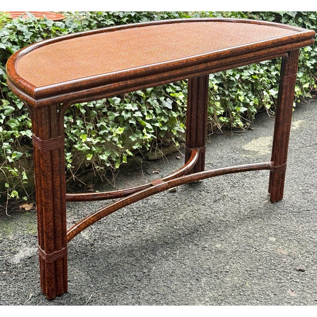 1990s Vintage Faux Tortoise Rattan Console Table For Sale - Image 5 of 11