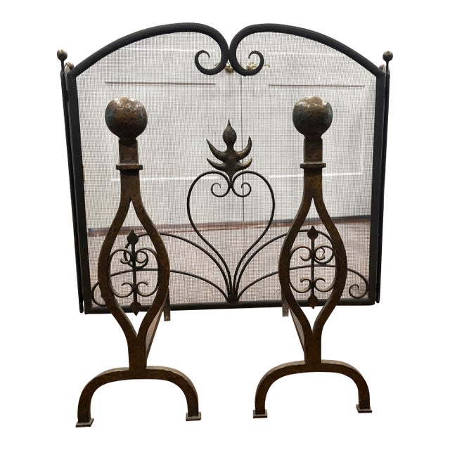 Vintage Hand-Forged Wrought Iron Fireplace Hearth Set: Contemporary 3-Piece Screen & Pair of Andirons For Sale